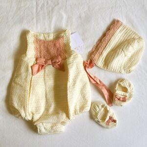 NEW shabby chic heirloom matching set romper, bonnet & booties 0-3 months baby